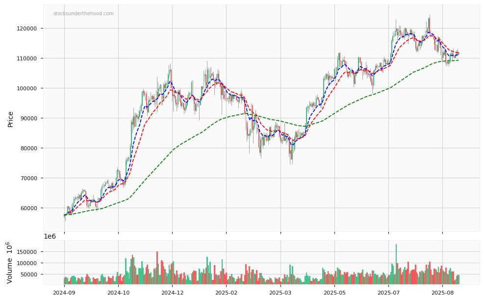 USD Bitcoin - 12 month daily chart with volume and three exponential moving averages to help quickly determine the trend.