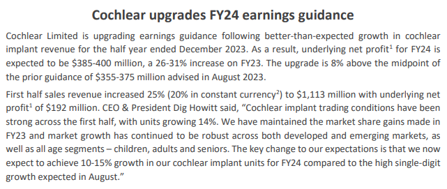 Cochlear (ASX:COH) earnings guidance