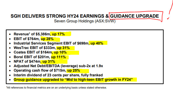 Seven Group Holdings (ASX:SVW) H1FY24 results