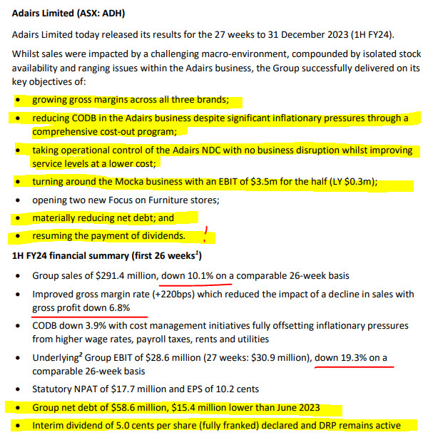 Adairs (ASX:ADH) results