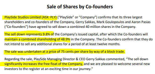 PLY founder sell-down