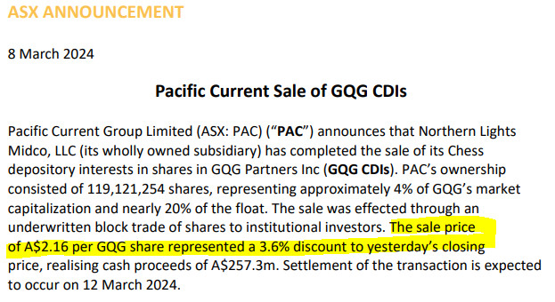 ASX:PAC announcement of sale of ASX:GQG stake.