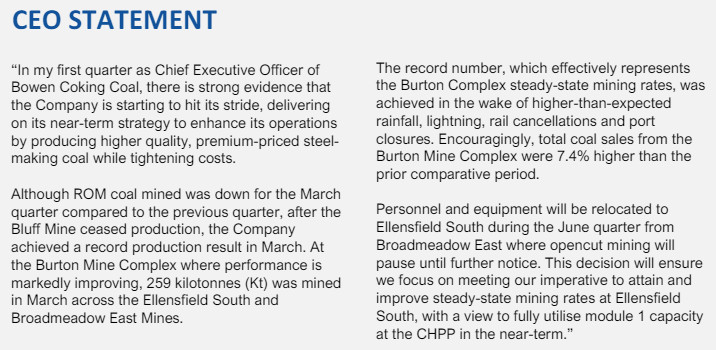Quarterly Updates 29/4/24 - Bowen coking coal ceo statement
