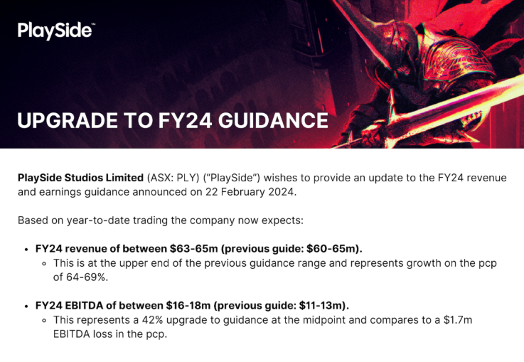 Announcements May 28 2024 - Playside (ASX:PLY) upgrade to FY24 guidance