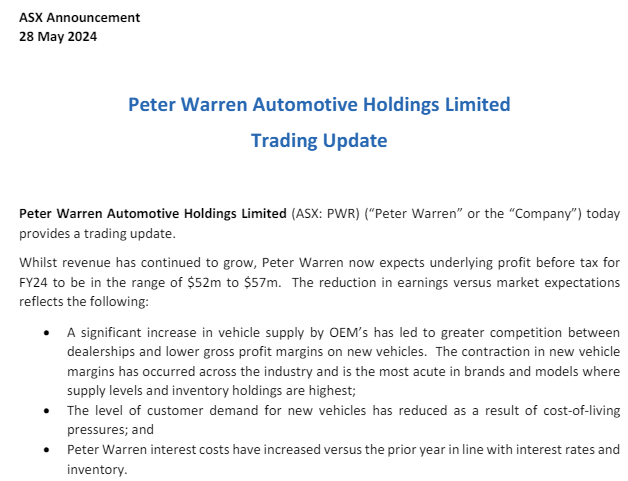 Peter Warren Automotive (ASX:PWR) trading update