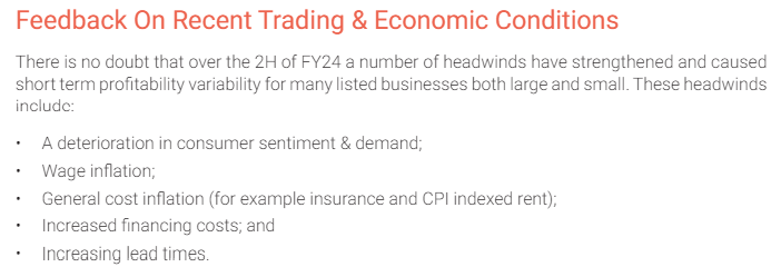 NAOS feedback on recent trading conditions