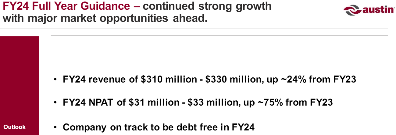 Austin Engineering (ASX:ANG) Presentation slide from March 2024 - FY24 Guidance