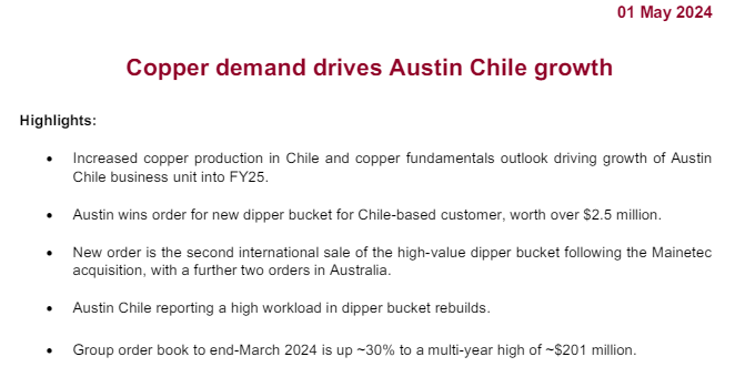 Austin Engineering (ASX:ANG) company announcement "Copper demand dirves Austin Chile growth" May 1, 2024