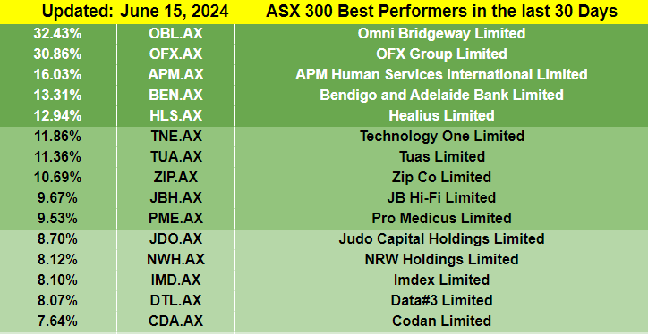 A Chart For Each ASX300 Best Performer - Top 15 best performing stocks in the ASX300 Index on June 15, 2024