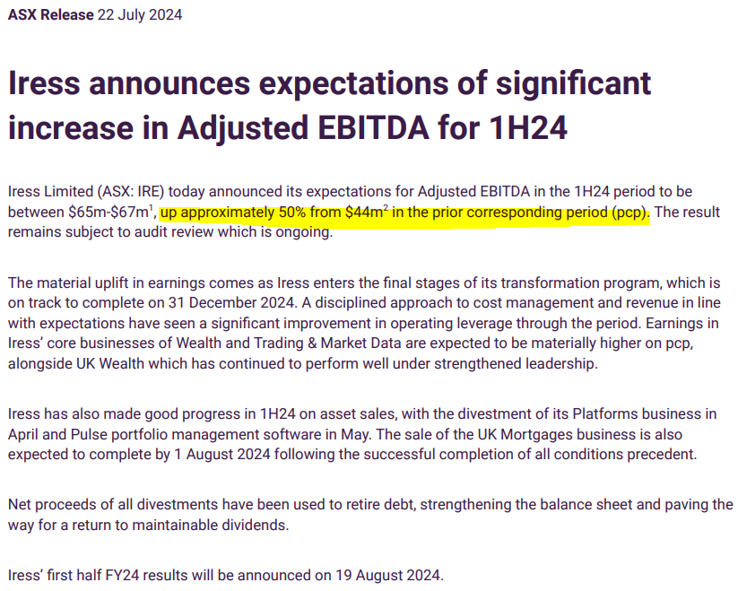 Announcements July 22 - ASX:IRE EBITDA expectations 1H24