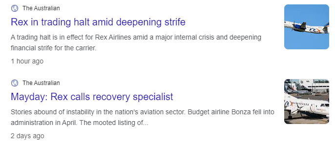 Announcements July 29 - ASX:REX google search of news articles