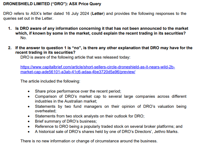 Droneshield ASX:DRO - Quick Take - price query announcement