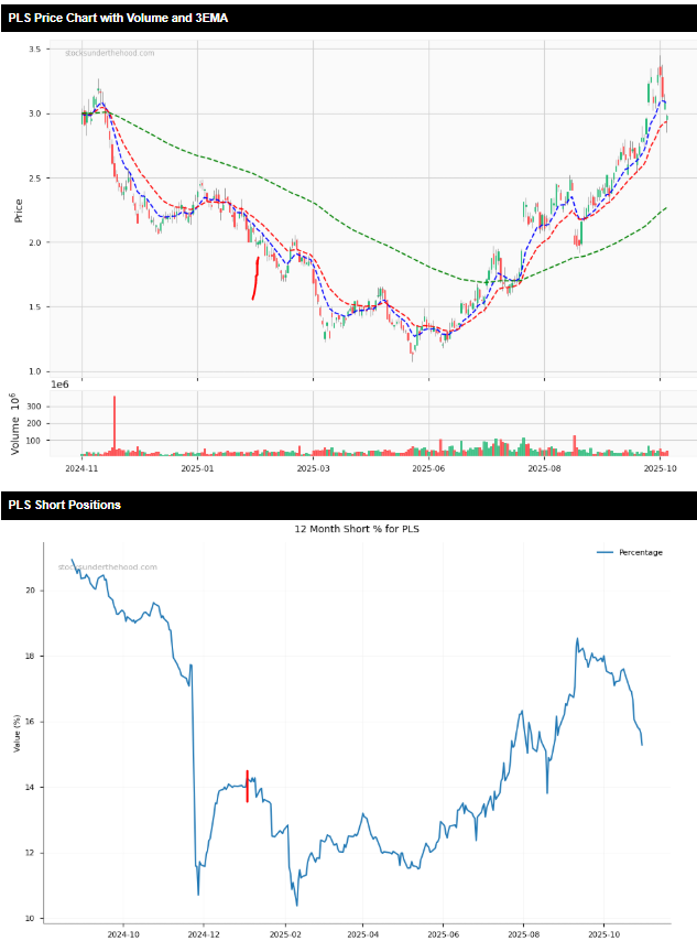 Most Shorted ASX Stocks 5/11/25 - PLS price and short position charts